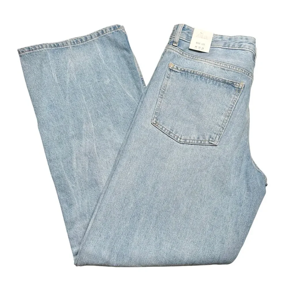 Zara | Women | Wide Leg Mid Rise Full Length Distressed Denim Jeans | Sz 12